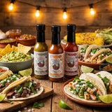 Nomad Chilli Co Classics Trio hot sauce bundle — three bottles with a Mexican taco spread and guacamole