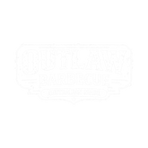 Outlaw Barbecue barbecue brand logo, distressed western badge with Australian Made banner, white on transparent background — Gold Rush
