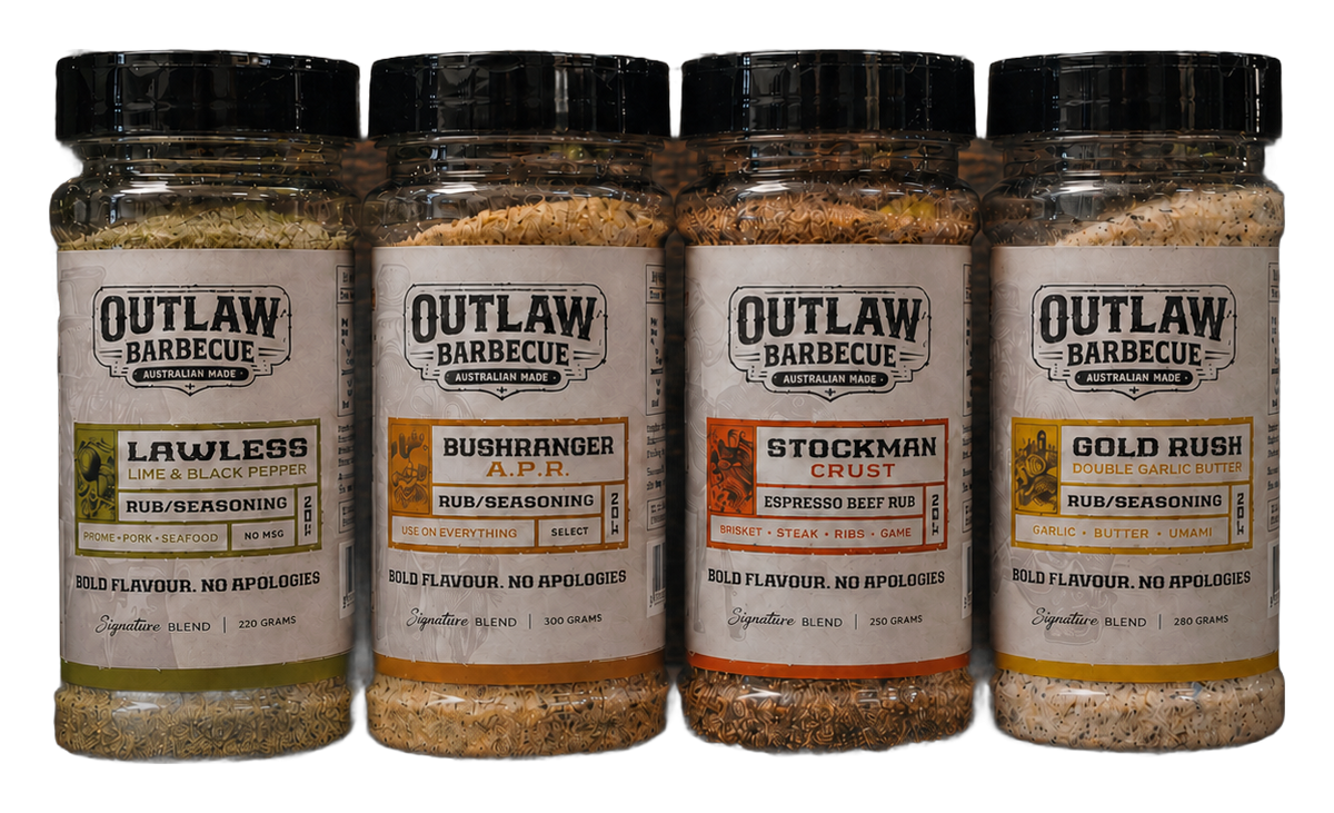 Outlaw Barbecue Collection four pack: Bushranger A.P.R., Gold Rush, Lawless and Stockman CRUST BBQ rubs