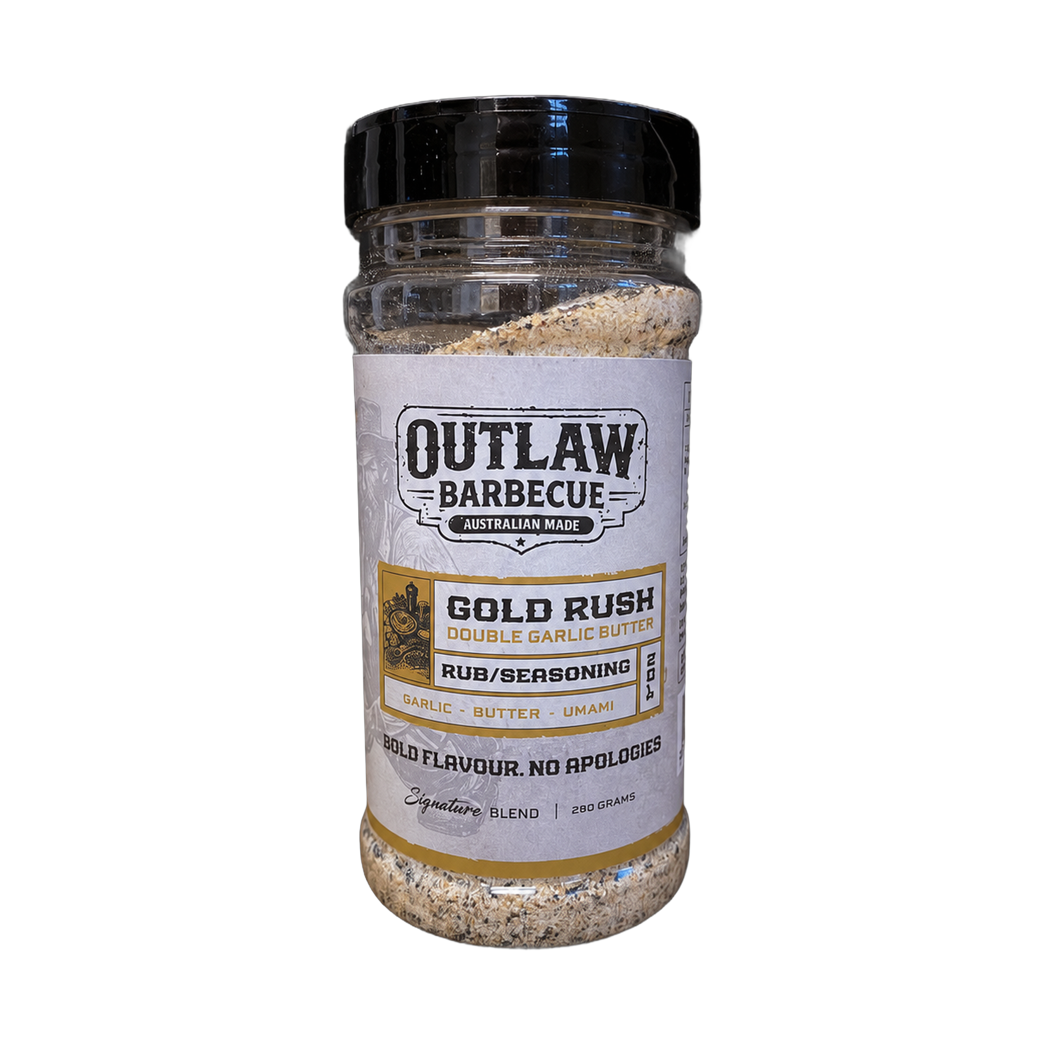 Outlaw Barbecue Gold Rush 280g double garlic butter BBQ rub — front of shaker on transparent background