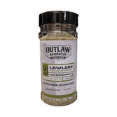 Outlaw Barbecue Lawless 220g lime and black pepper BBQ rub — front of shaker on transparent background