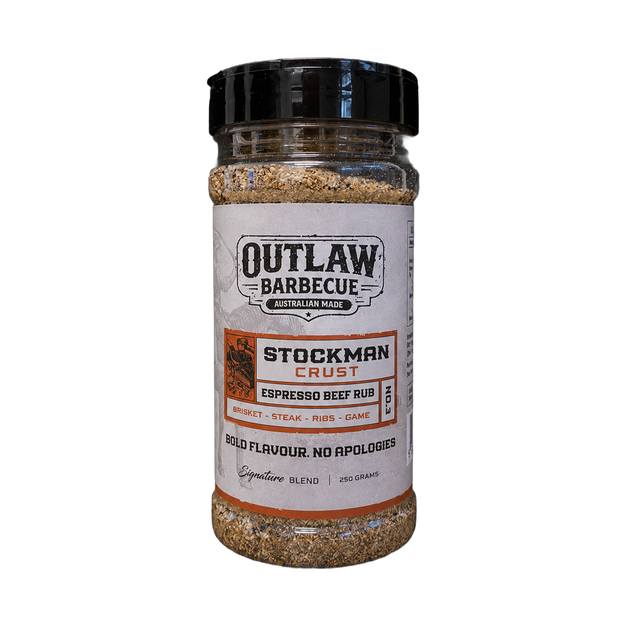 Outlaw Barbecue Stockman CRUST 250g espresso beef rub — front of shaker on transparent background