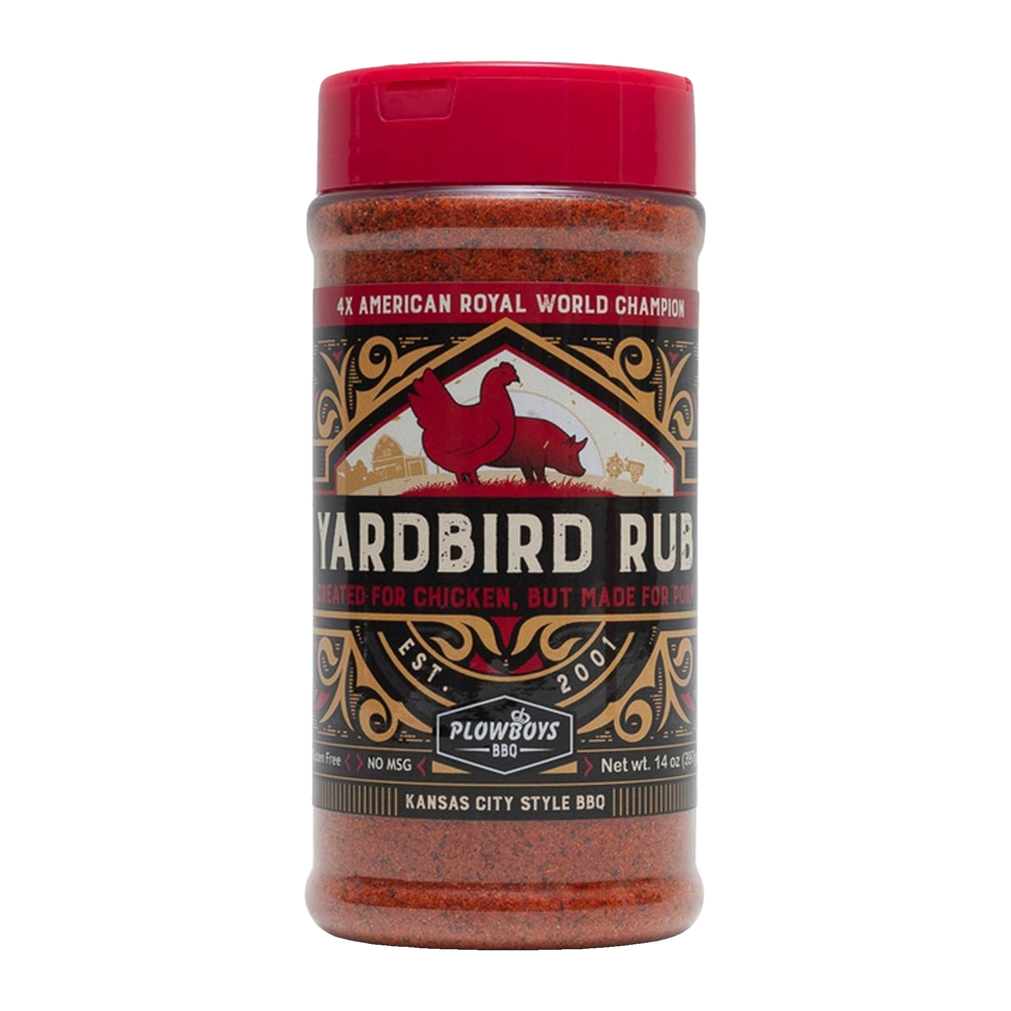 Plowboys BBQ Yardbird Rub 397g — front of shaker on transparent background