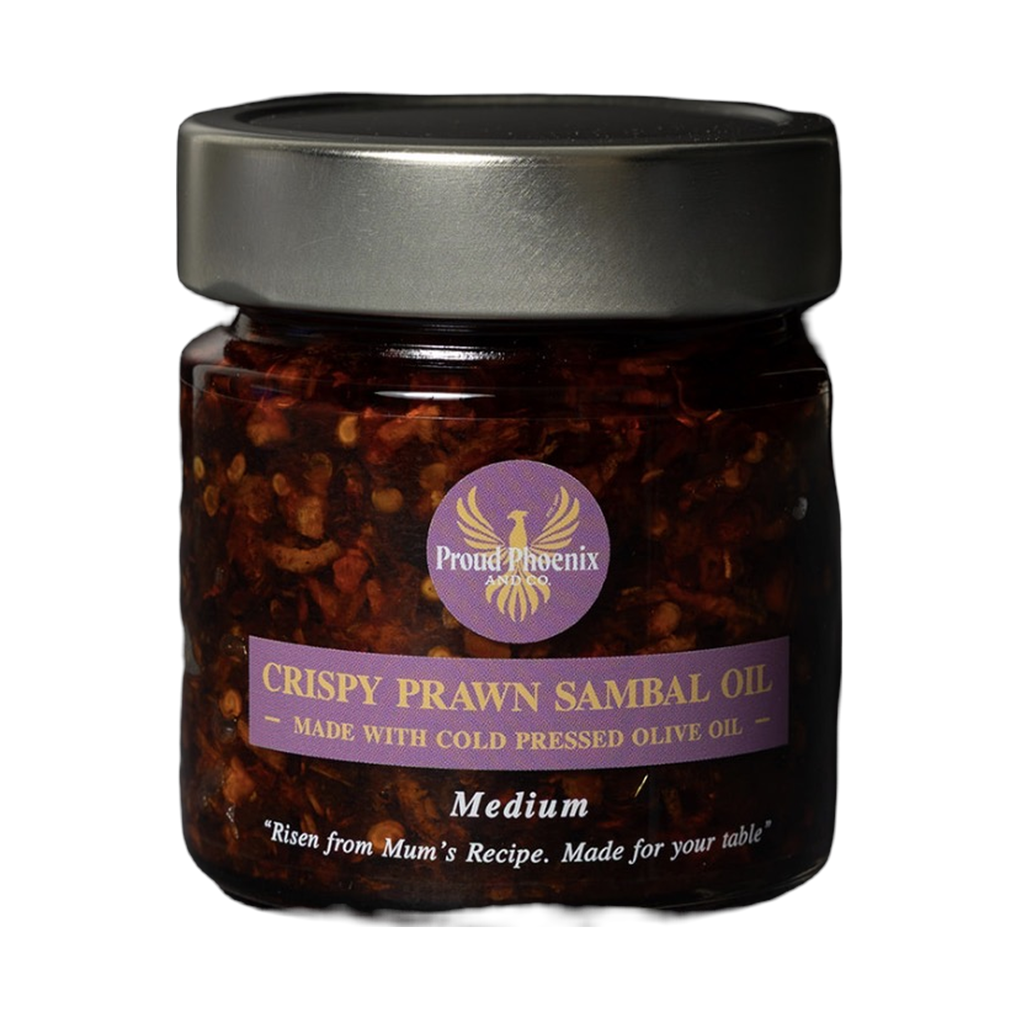 Proud Phoenix & Co Crispy Prawn Sambal Chilli Oil — front of jar on a transparent background
