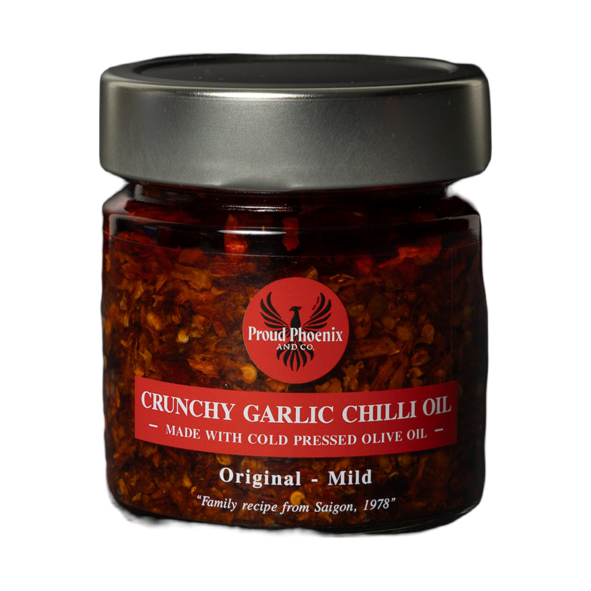 Proud Phoenix & Co Crunchy Garlic Chilli Oil 212ml — front of jar on a transparent background