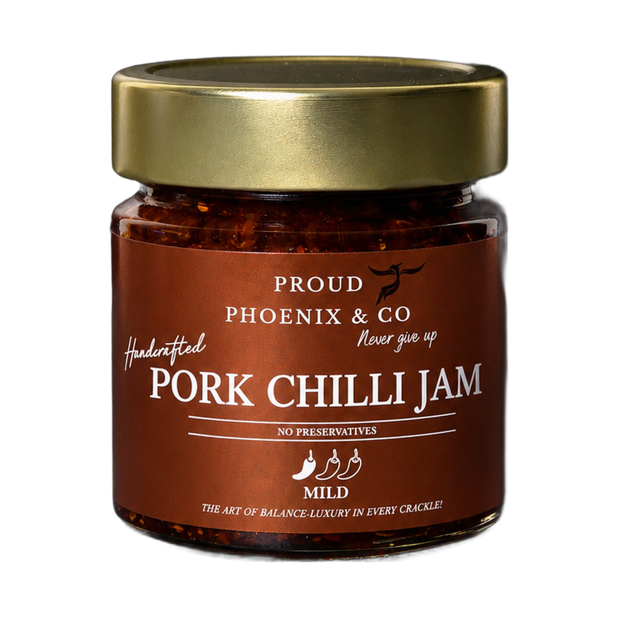 Proud Phoenix & Co Pork Chilli Jam 212ml — front of jar on a transparent background