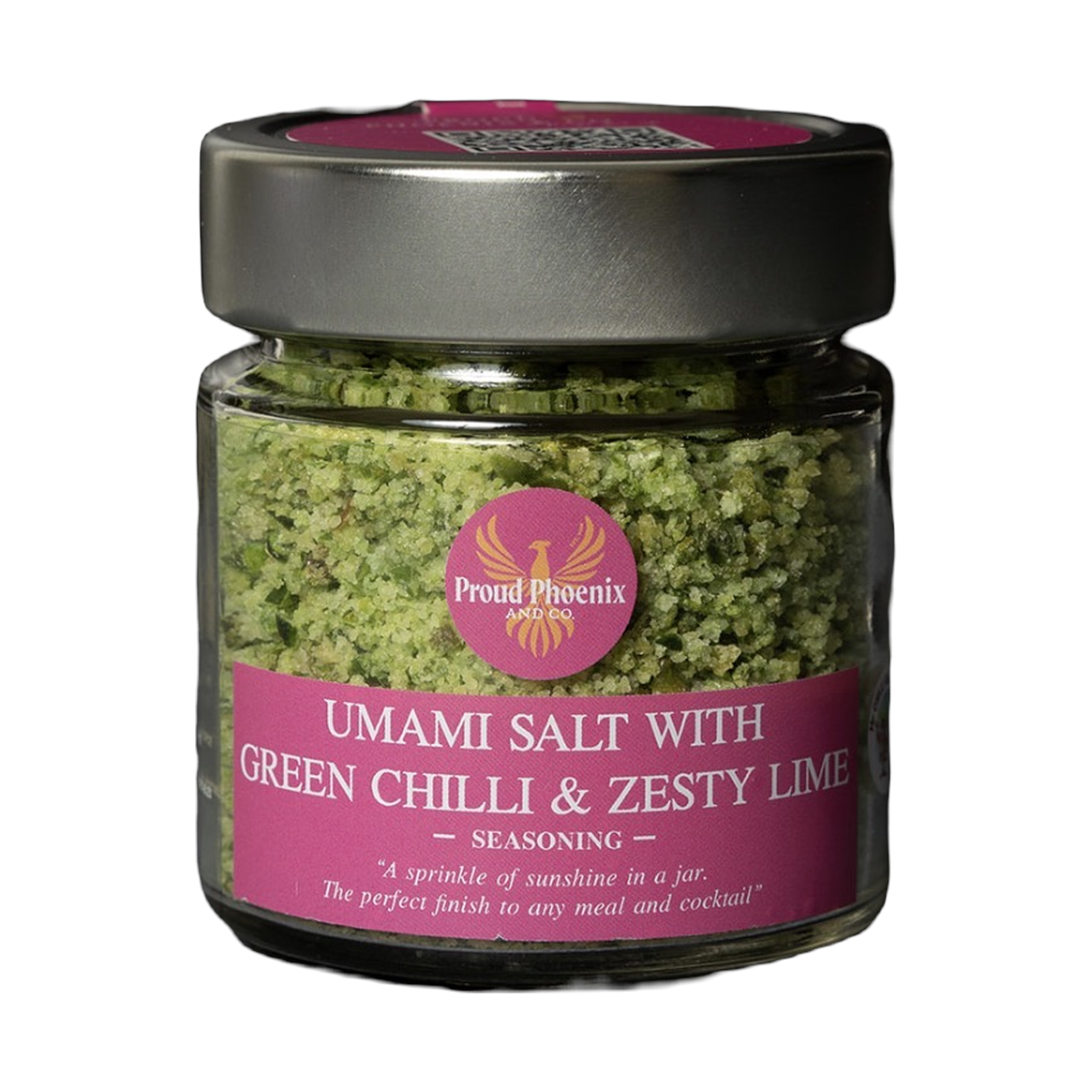 Proud Phoenix & Co Umami Salt with Green Chilli & Zesty Lime 150g — front of jar on a transparent background