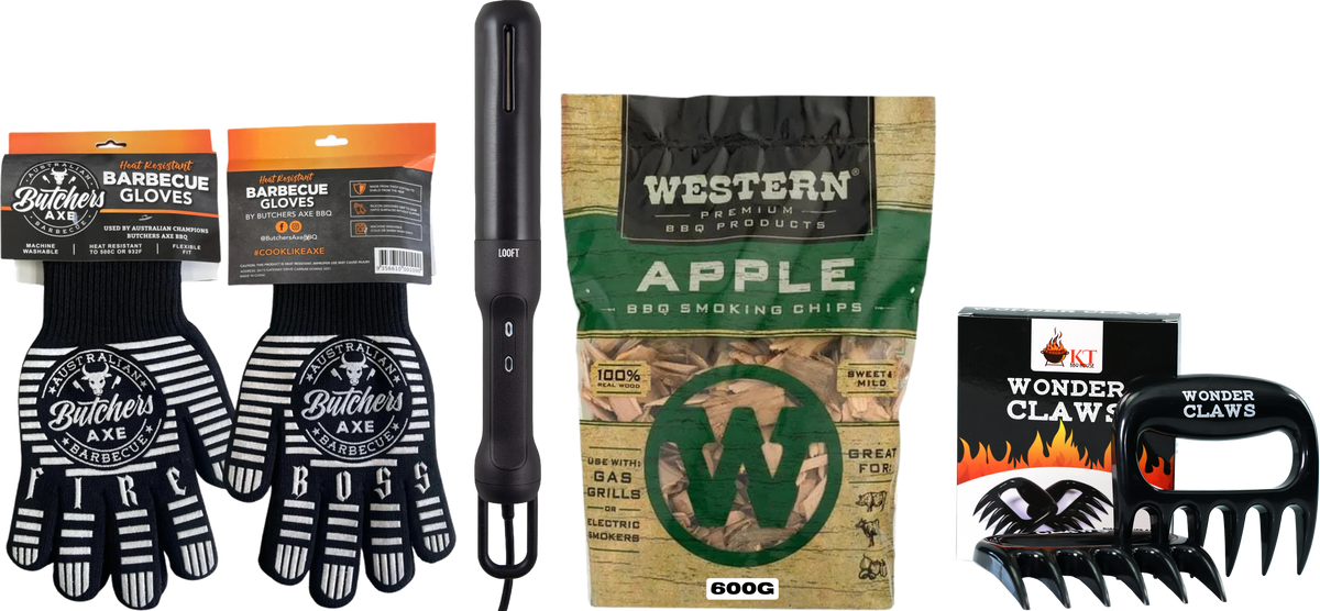 Butchers Axe BBQ gloves, Looftlighter Pro electric charcoal starter, Western apple smoking chips and Wonder Claws