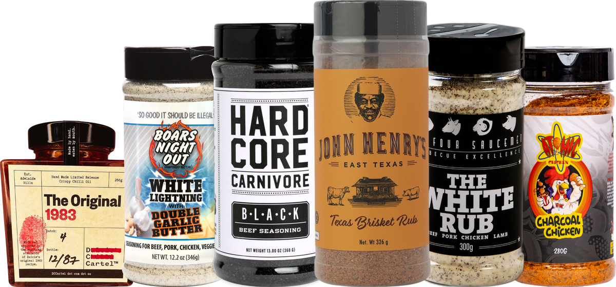 Best-selling BBQ rubs and sauces from Hardcore Carnivore, Atomic Chicken, Boars Night Out, Four Saucemen and DC Cartel