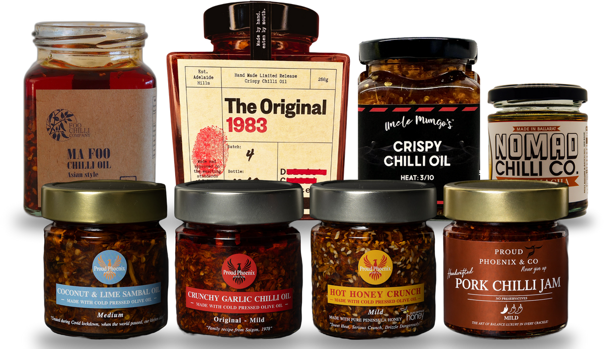 Crispy chilli oils: DC Cartel The Original 1983, Foo Chilli Ma Foo, Uncle Mungo's Crispy Chilli Oil, Nomad Chilli Co Salsa Macha, Proud Phoenix & Co Coconut & Lime Sambal, Crunchy Garlic, Hot Honey Crunch and Pork Chilli Jam