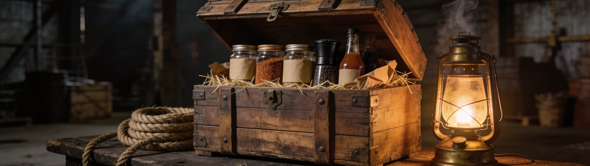 The Contraband Club BBQ subscription box: an open wooden crate packed with rubs and sauces by lantern light