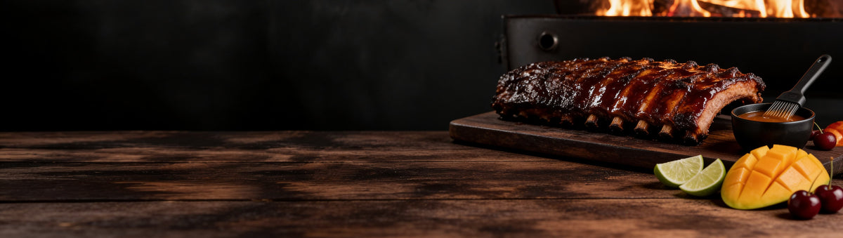 BBQ rib glazes from Smokin' Mangoes, Taipan BBQ, Atomic Chicken and Four Monkeys with glossy glazed smoked pork ribs