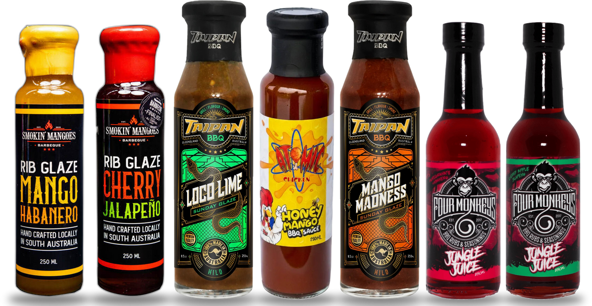 BBQ glazes: Smokin' Mangoes Mango Habanero and Cherry Jalapeno Rib Glaze, Taipan BBQ Loco Lime and Mango Madness Sunday Glaze, Atomic Chicken Honey Mango BBQ Sauce, Four Monkeys Jungle Juice Pomegranate Habanero and Cherry Apple Jalapeno