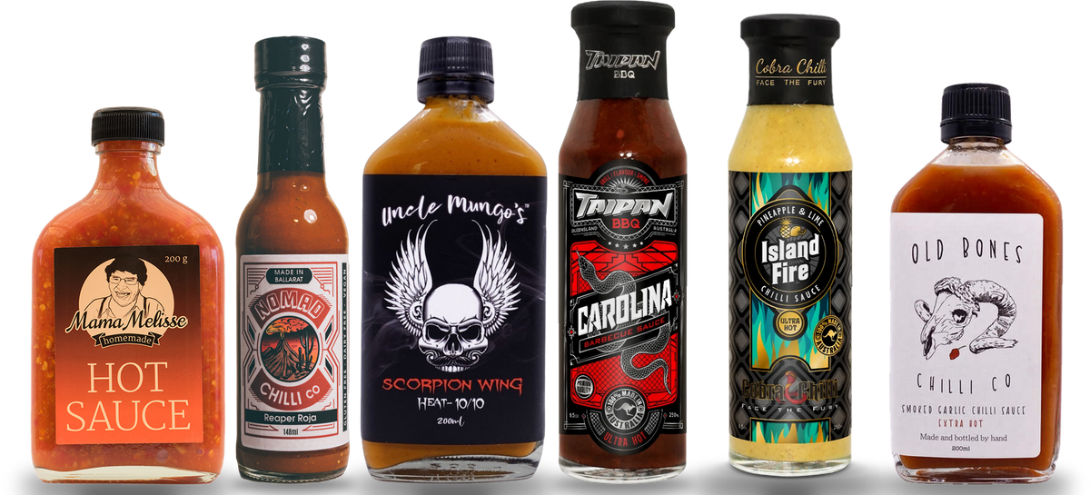 Hot sauces: Mama Melisse The Mama Hot Sauce, Nomad Chilli Co Reaper Roja, Uncle Mungo's Scorpion Wing, Taipan BBQ Carolina, Cobra Chilli Island Fire and Old Bones Extra Hot Smoked Garlic