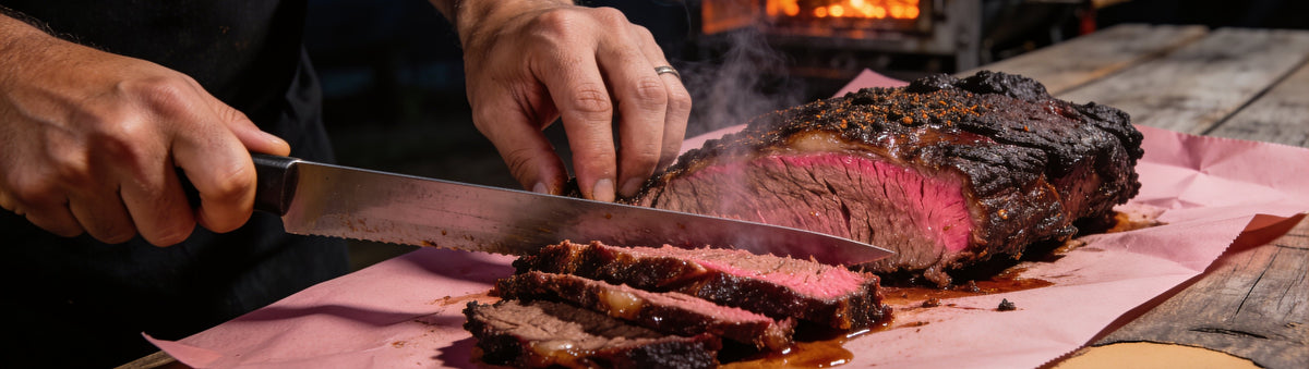 Texas-style smoked brisket with a dark peppery bark and pink smoke ring being sliced on butcher paper beside an offset smoker