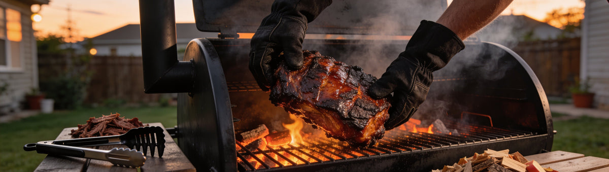 BBQ gear: heat-resistant gloves lifting smoked pork off an offset smoker, with meat claws, tongs and apple wood chips
