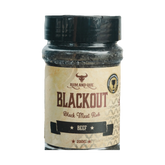Rum and Que Blackout beef rub 220g, front of shaker on transparent background
