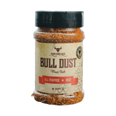 Rum and Que Bull Dust all purpose beef rub 200g, front of shaker on transparent background
