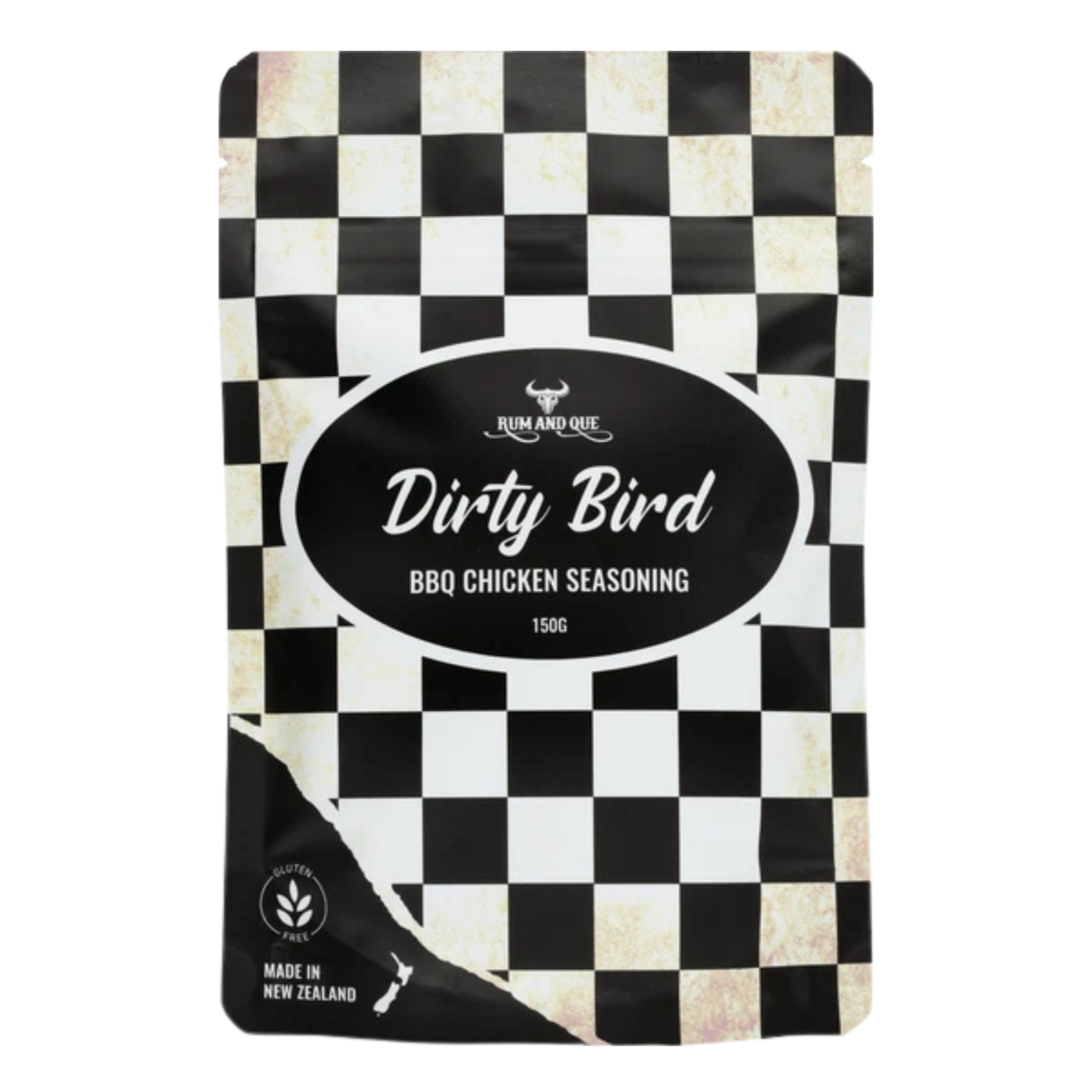 Rum and Que Dirty Bird BBQ Chicken Seasoning 150g pouch, front of pack on transparent background