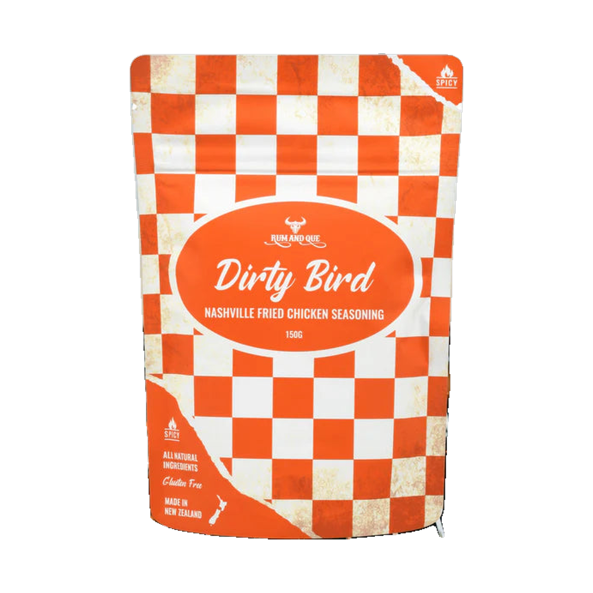 Rum and Que Dirty Bird Nashville fried chicken coating 150g, front of pouch on transparent background