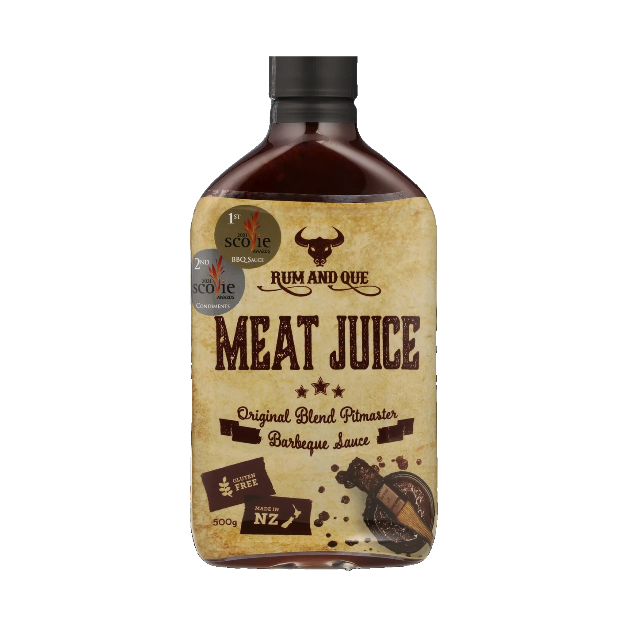 Rum and Que Meat Juice BBQ sauce and glaze 500ml, front of bottle on transparent background