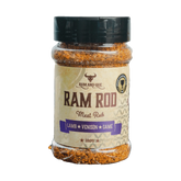 Rum and Que Ram Rod game rub 200g, front of shaker on transparent background