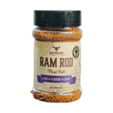 Rum and Que Ram Rod game rub 200g, front of shaker on transparent background