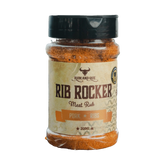 Rum and Que Rib Rocker pork rub 200g, front of shaker on transparent background