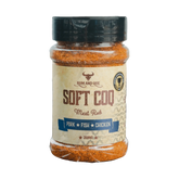 Rum and Que Soft Coq rub 200g, front of shaker on transparent background