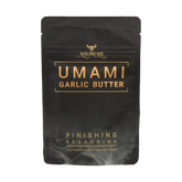 Rum and Que Umami Garlic Butter finishing seasoning 100g, front of pouch on transparent background