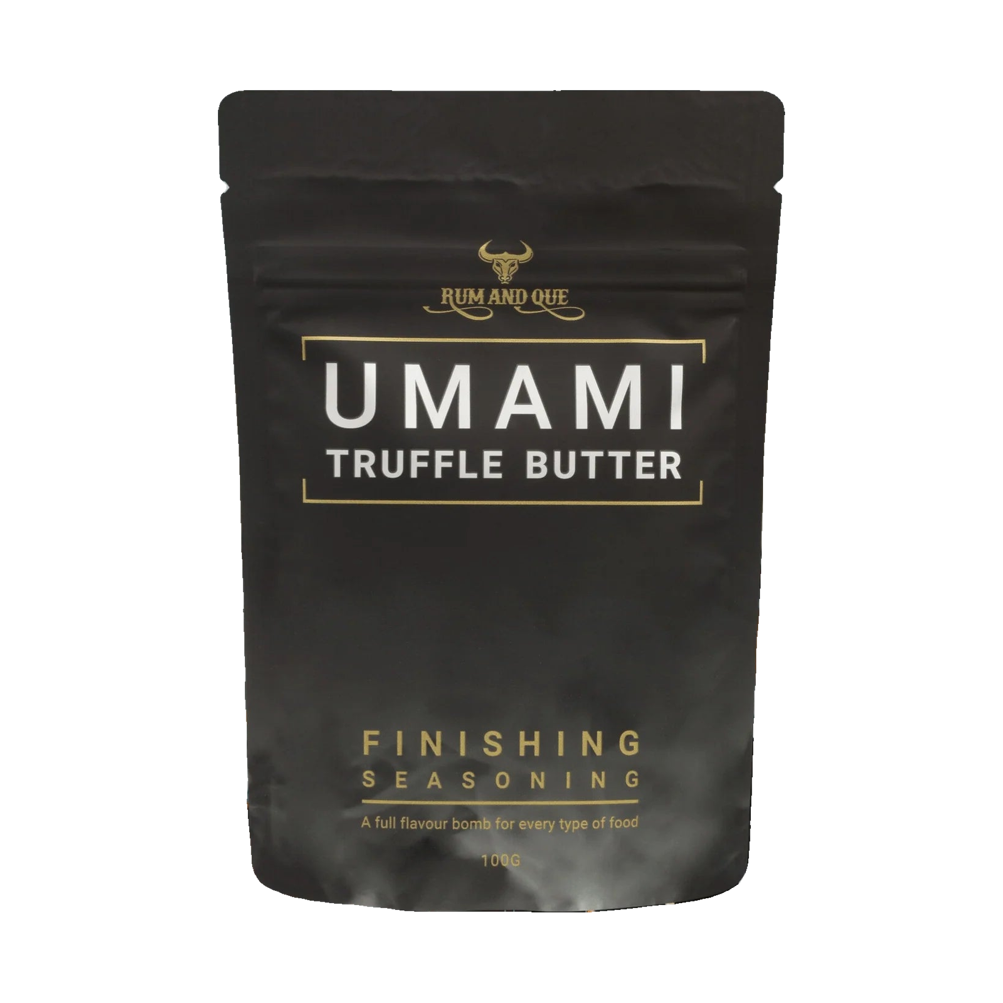 Rum and Que Umami Truffle Butter finishing seasoning 100g, front of pouch on transparent background