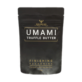 Rum and Que Umami Truffle Butter finishing seasoning 100g, front of pouch on transparent background