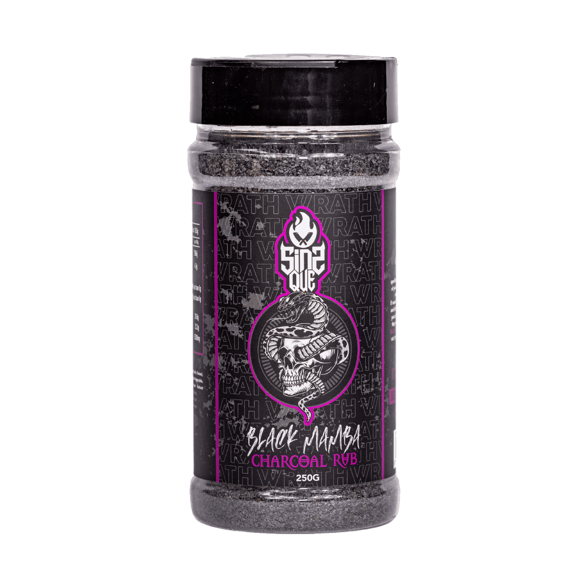 SinsQue Black Mamba Charcoal Rub 250g beef rub — front of shaker on transparent background