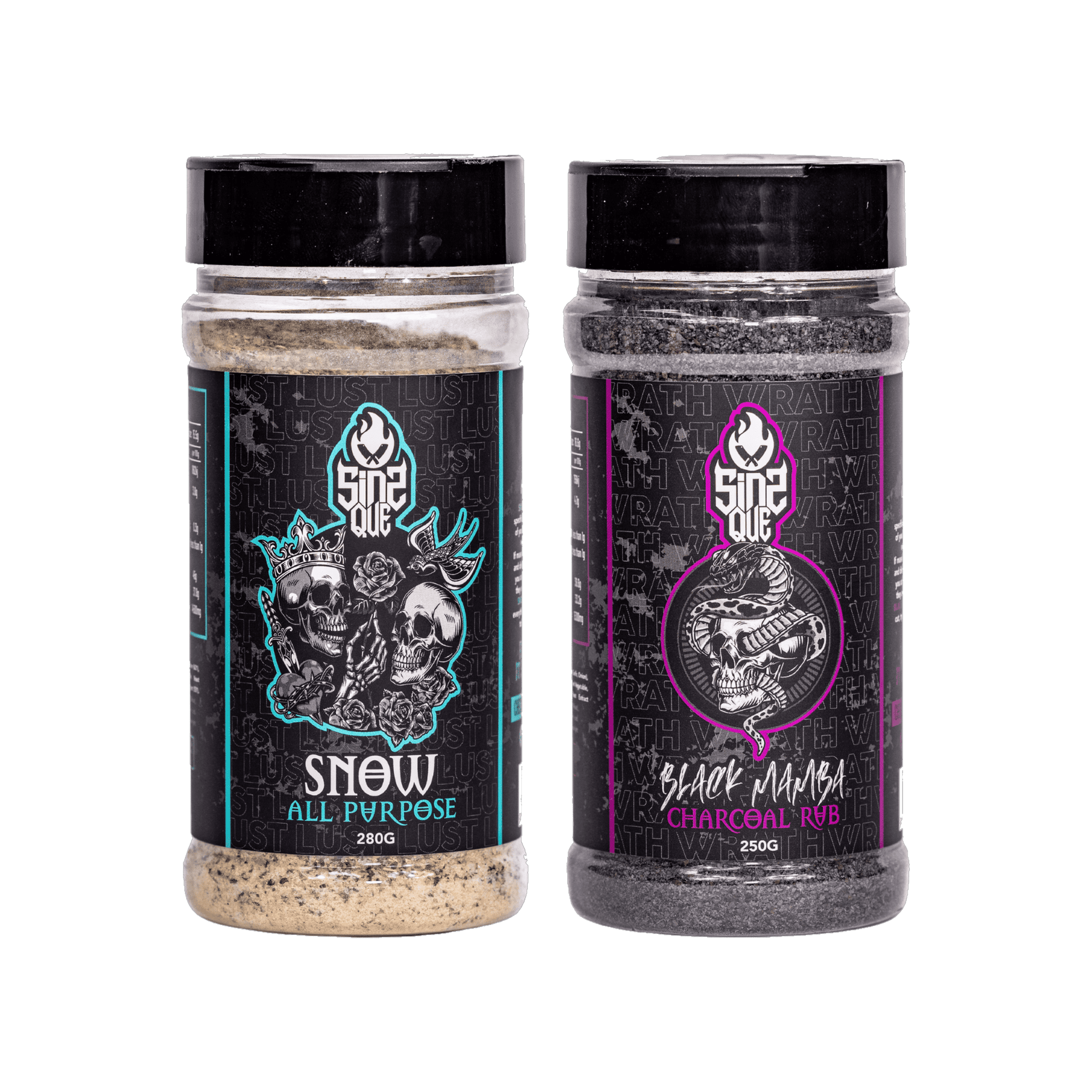 SinsQue Beef Duo Bundle — Snow All Purpose and Black Mamba Charcoal rub shakers on transparent background