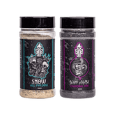 SinsQue Beef Duo Bundle — Snow All Purpose and Black Mamba Charcoal rub shakers on transparent background