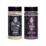 SINS QUE Beef Duo Bundle — Snow All Purpose and Black Mamba Charcoal rub shakers on transparent background