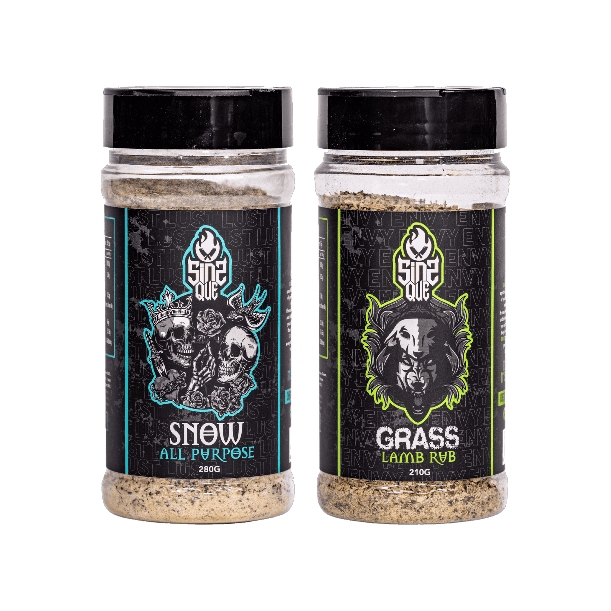 SinsQue Lamb Duo Bundle — Snow All Purpose and Grass Lamb rub shakers on transparent background
