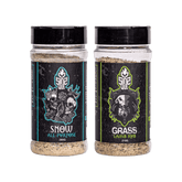 SINS QUE Lamb Duo Bundle — Snow All Purpose and Grass Lamb rub shakers on transparent background