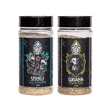 SINS QUE Lamb Duo Bundle — Snow All Purpose and Grass Lamb rub shakers on transparent background