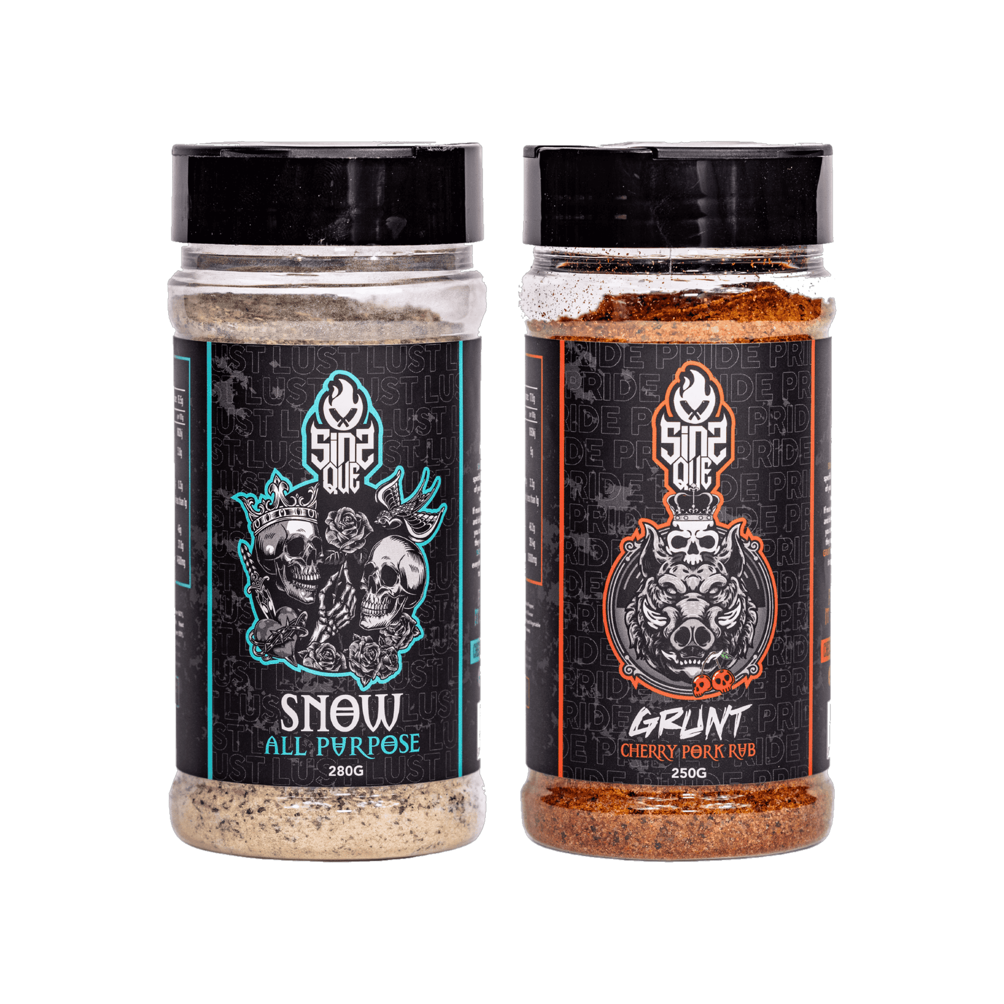 SinsQue Pork Duo Bundle — Snow All Purpose and Grunt Cherry Pork rub shakers on transparent background