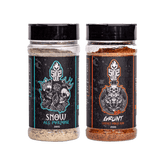 SINS QUE Pork Duo Bundle — Snow All Purpose and Grunt Cherry Pork rub shakers on transparent background