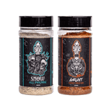 SINS QUE Pork Duo Bundle — Snow All Purpose and Grunt Cherry Pork rub shakers on transparent background