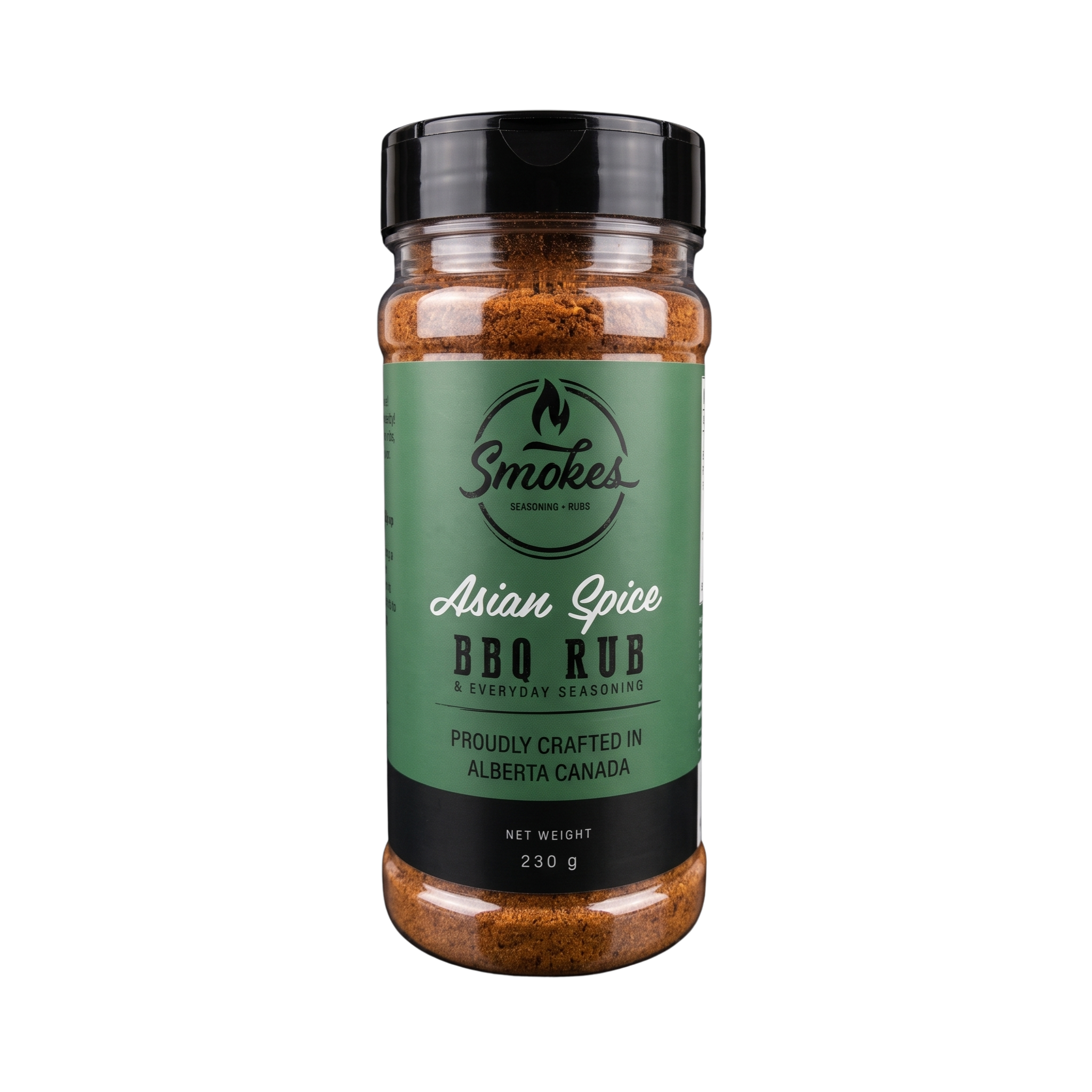 Smokes Asian Spice BBQ rub 230g, front of shaker on transparent background