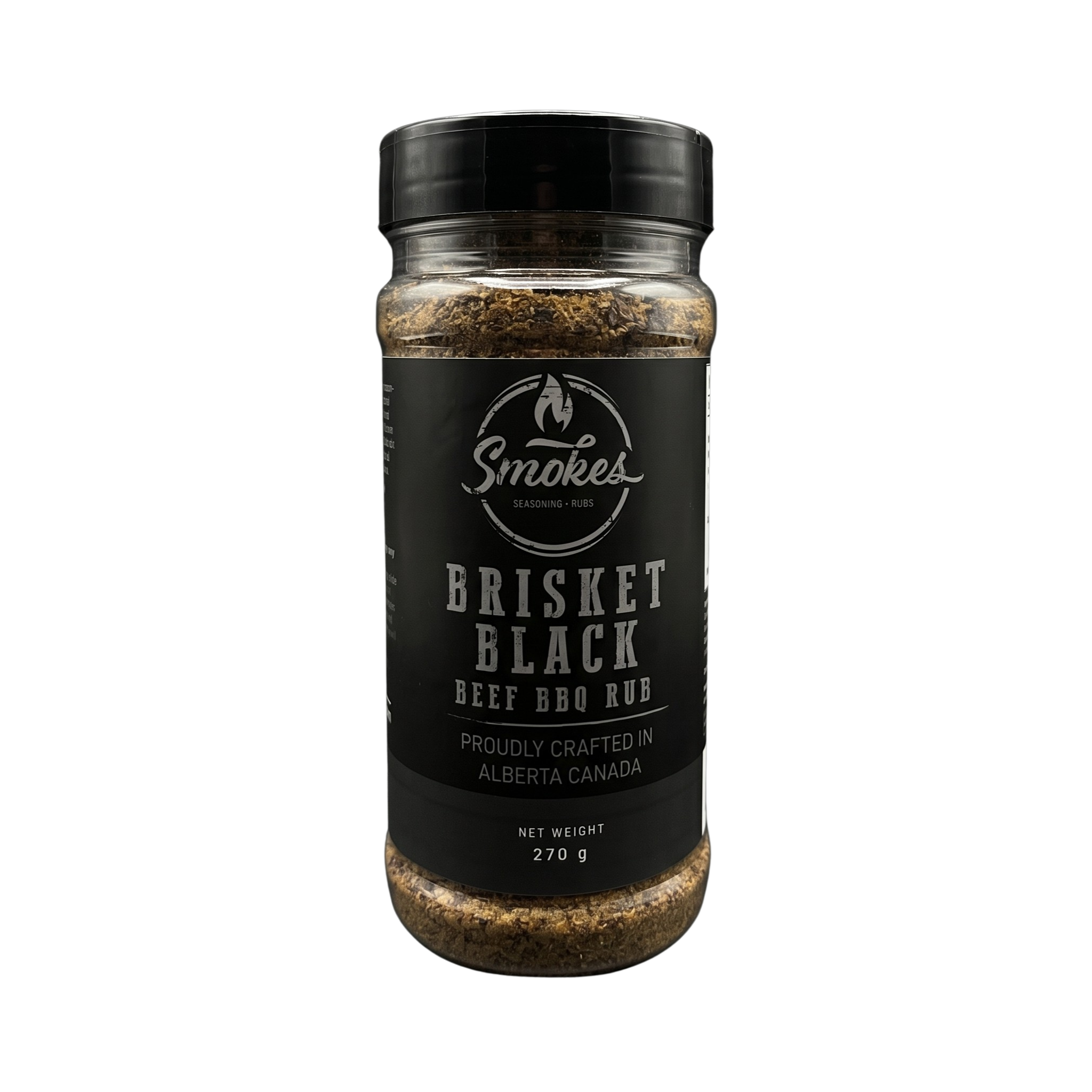 Smokes Brisket Black beef BBQ rub 270g, front of shaker on transparent background