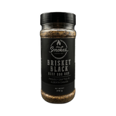 Smokes Brisket Black beef BBQ rub 270g, front of shaker on transparent background