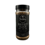 Smokes Brisket Black beef BBQ rub 270g, front of shaker on transparent background