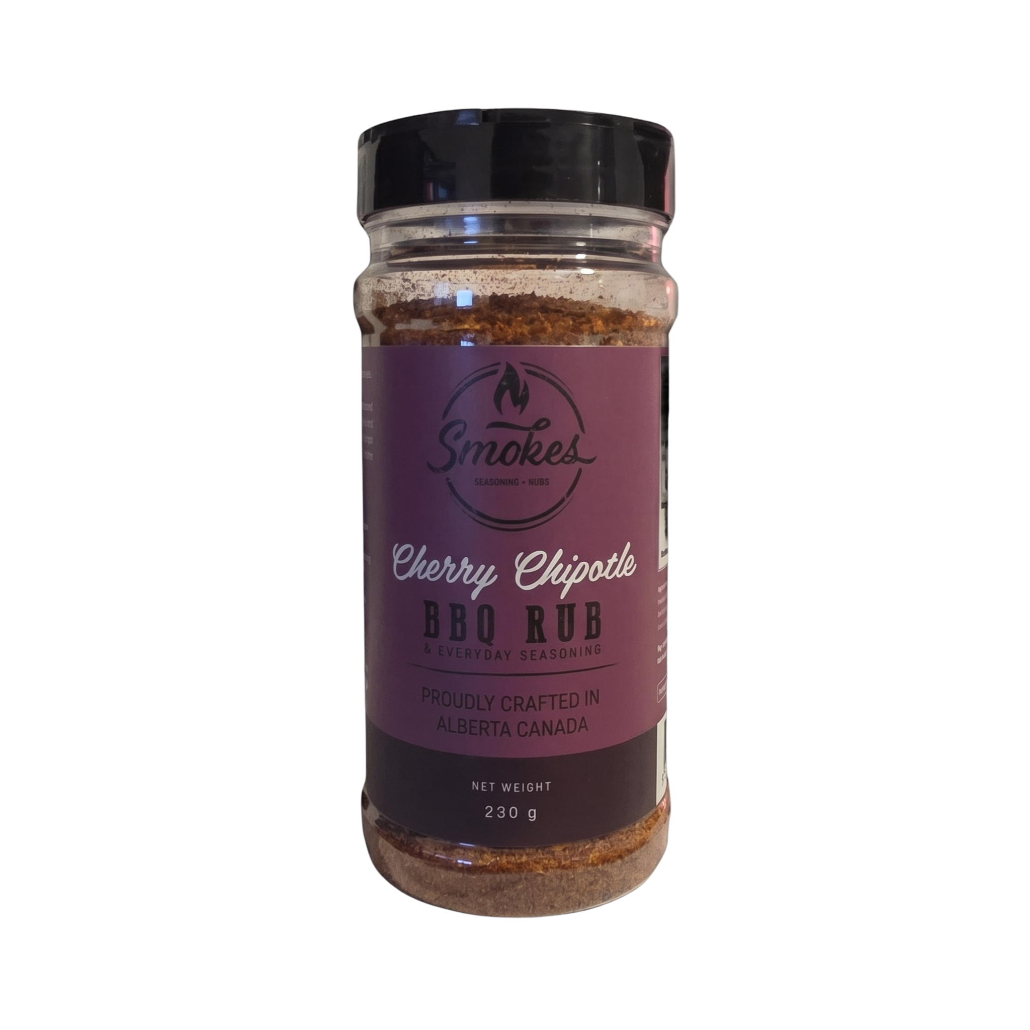 Smokes Cherry Chipotle BBQ rub 230g, front of shaker on transparent background