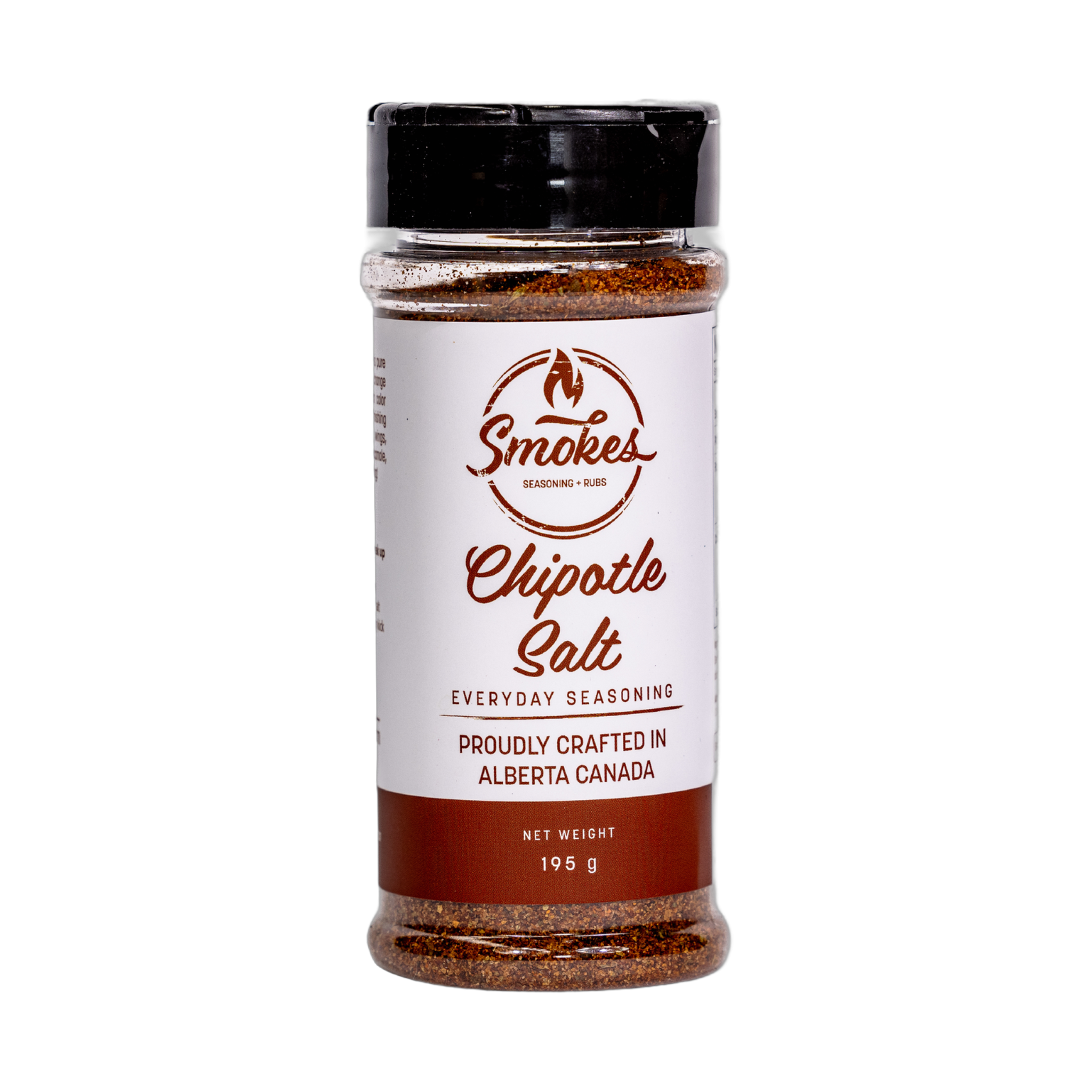Smokes Chipotle Salt 195g finishing salt, front of shaker on transparent background