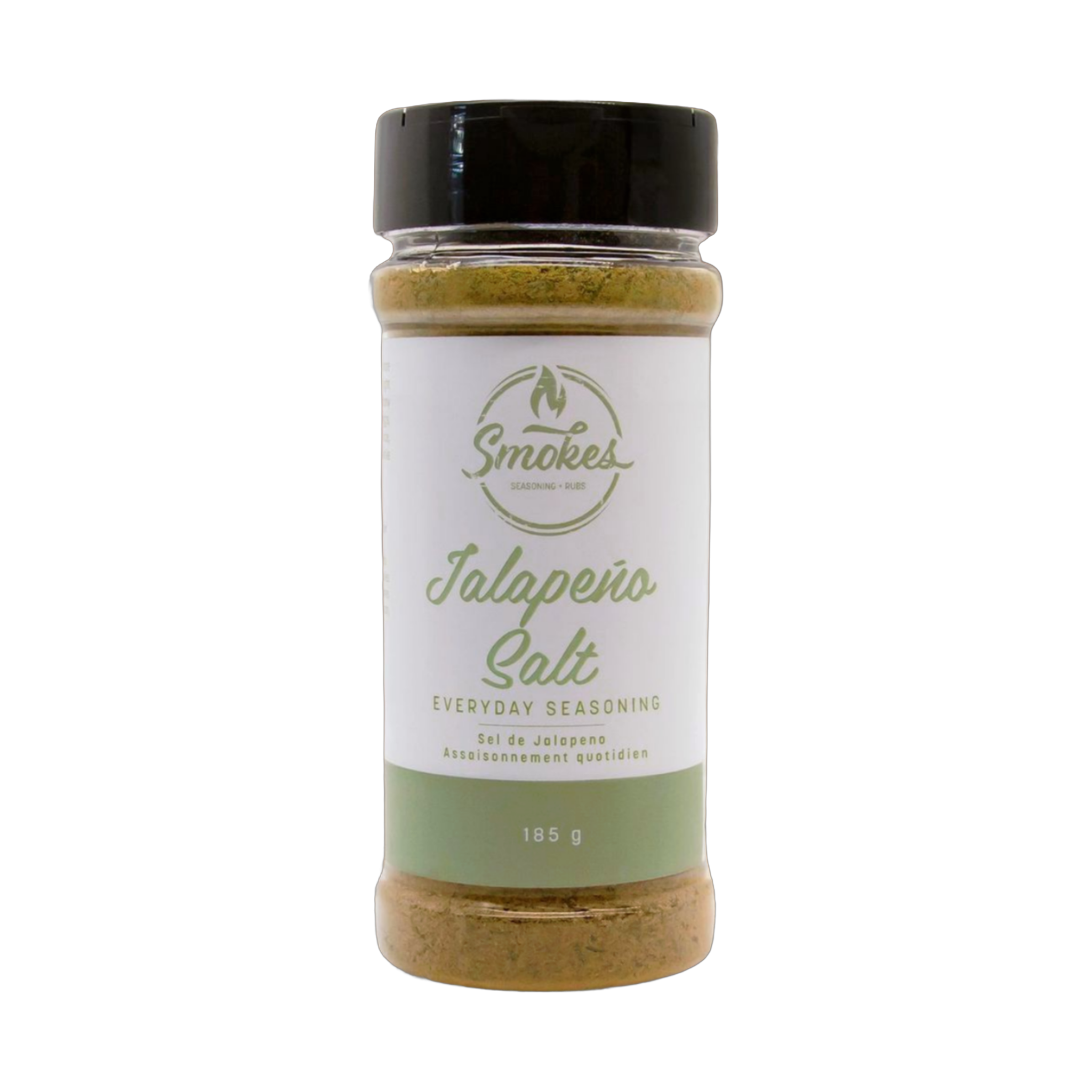 Smokes Jalapeno Salt 185g finishing salt, front of shaker on transparent background