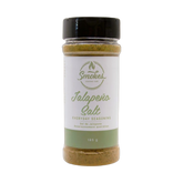 Smokes Jalapeno Salt 185g finishing salt, front of shaker on transparent background